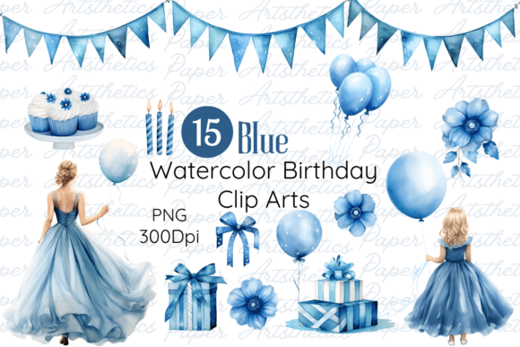 Download Blue Watercolor Birthday Clip Arts Set - Birthday Collection