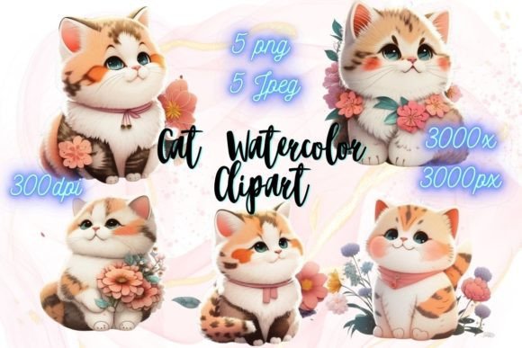 Download Cat &amp; Flowers Watercolor Stickers - Watercolor stickers Collection