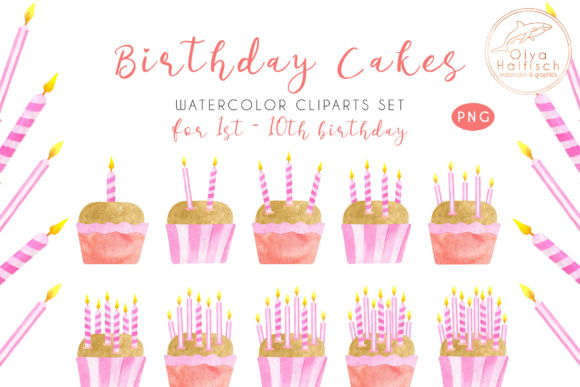 Download Watercolor Birthday Cakes with Candles - Birthday Collection