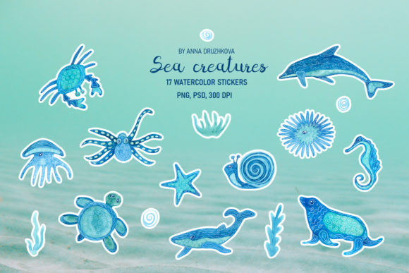 Download Sea Animals Watercolor Stickers - Watercolor stickers Collection